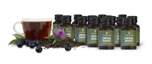 Recovertea Produktfoto als 28 Flaschen Vorratspack schön drapiert